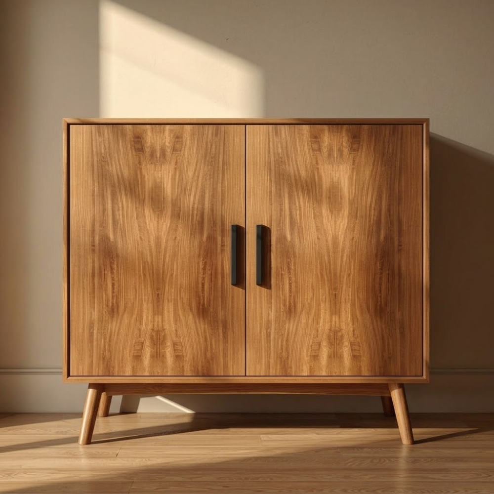 Sleek Walnut Console Cabinet -  Mid-Century Modern Design with Black Handles - view 1 of 7