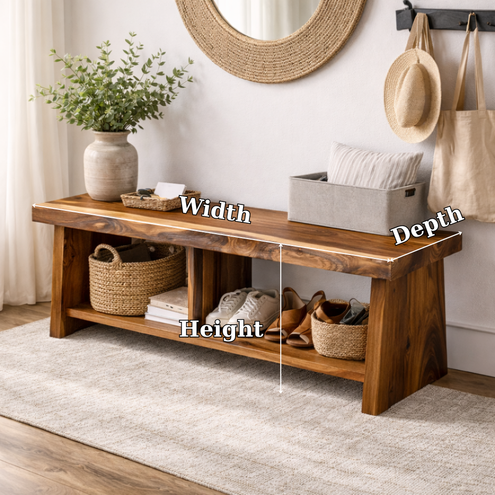 Solid Wood Entryway Bench with Storage | Rustic Hallway Bench with Open Shelves - view 7 of 7