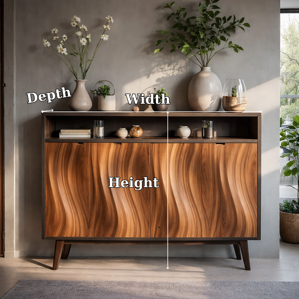 Modern Solid Wood Console Cabinet with Open Shelf and Sculpted Wood Doors - view 7 of 7