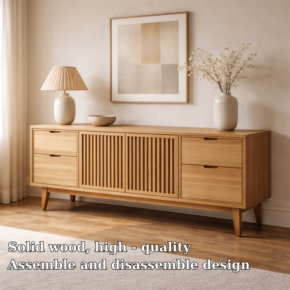 Solid Wood Console Cabinet with Slatted Doors and Drawer Storage - view 6 of 7