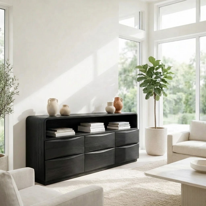 Solid Wood Sideboard Console with Wave Drawers & Open Shelf Storage Cabinet - view 4 of 7
