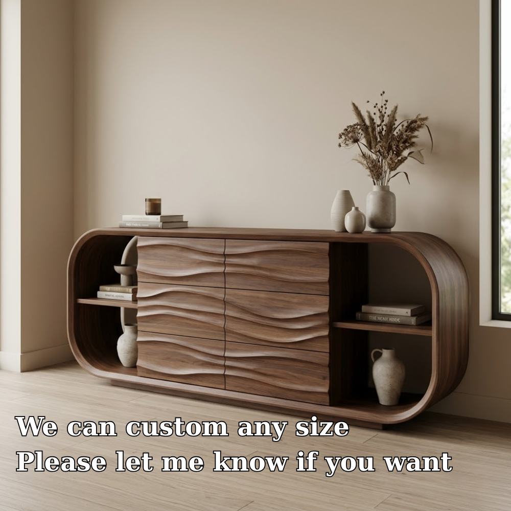 Wave Carved Walnut Console Cabinet - Curved Sideboard with Organic Textures - view 5 of 7
