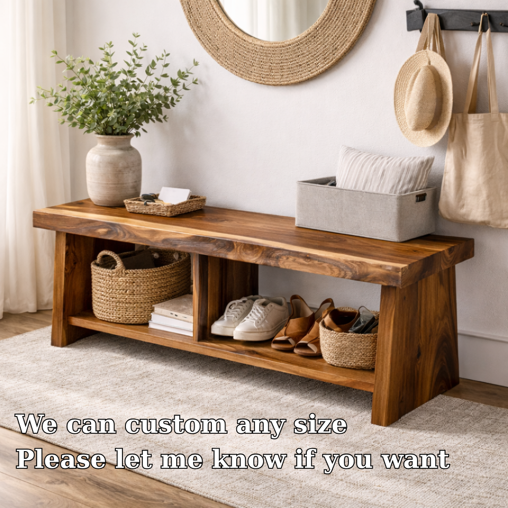 Solid Wood Entryway Bench with Storage | Rustic Hallway Bench with Open Shelves - view 6 of 7