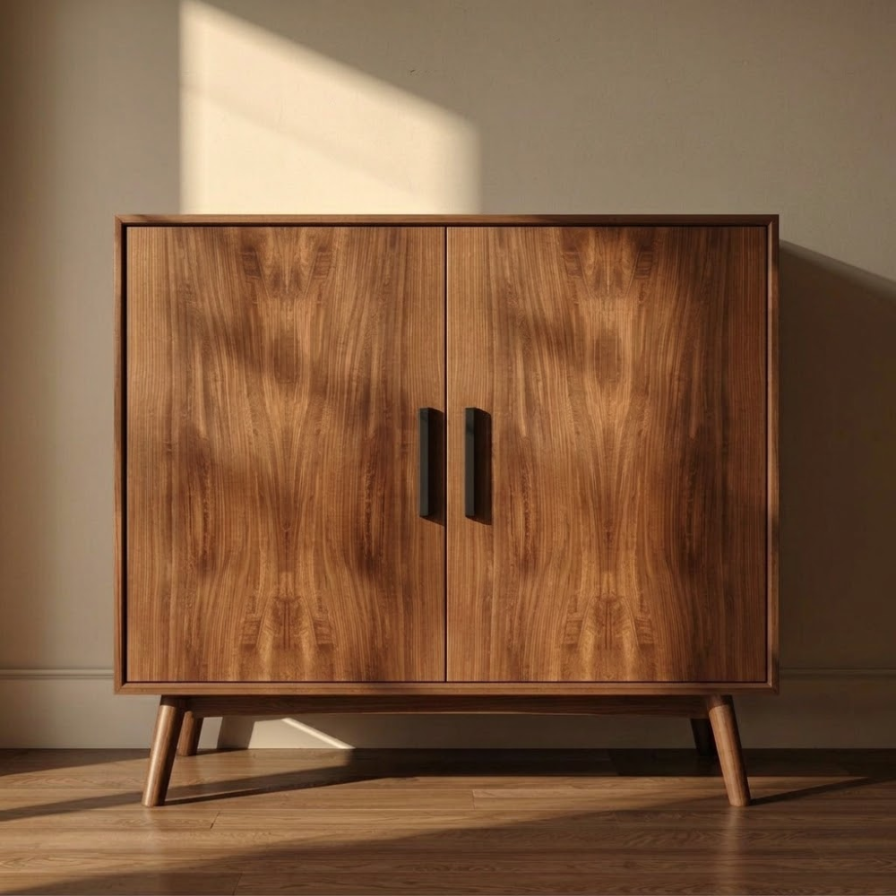 Sleek Walnut Console Cabinet -  Mid-Century Modern Design with Black Handles - view 3 of 7