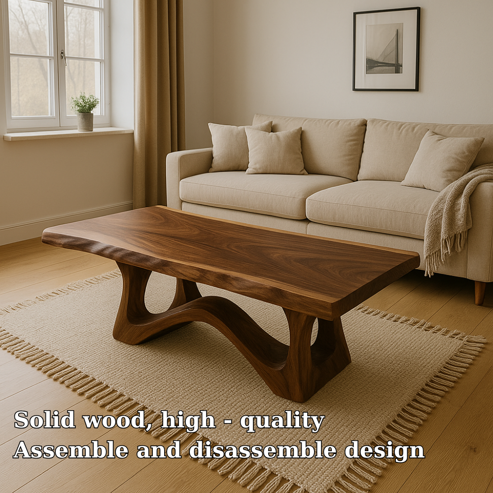 Modern Wooden Coffee Table with Curved Base – Solid Wood Living Room Center Table - view 5 of 7