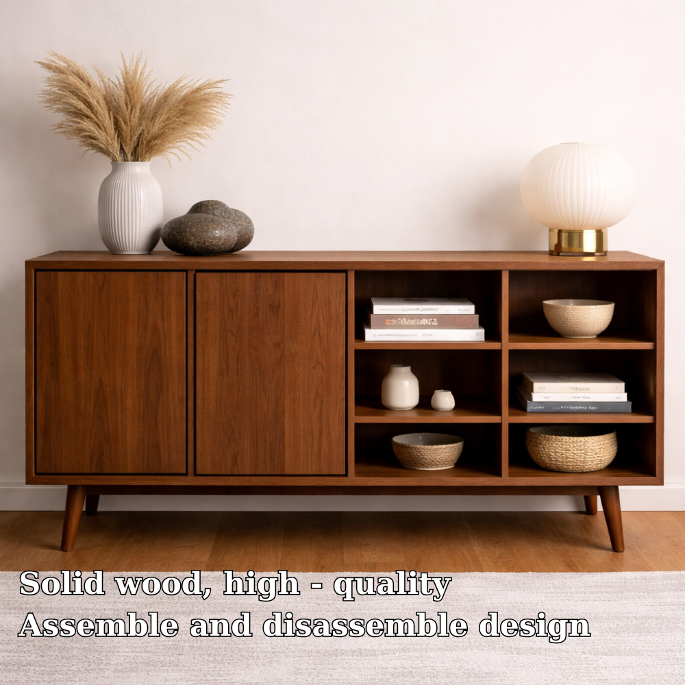 Modern Walnut Console Cabinet with Doors and Open Display Shelving - view 5 of 7