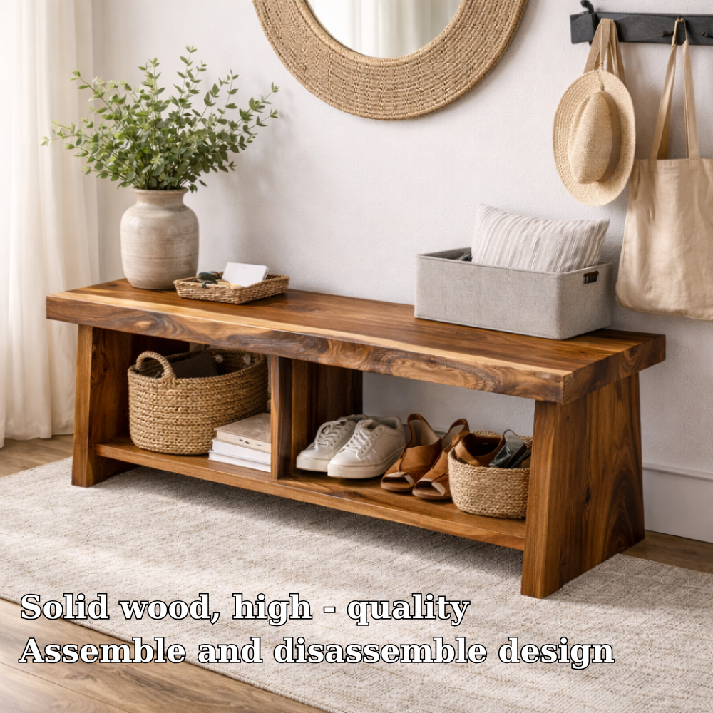 Solid Wood Entryway Bench with Storage | Rustic Hallway Bench with Open Shelves - view 5 of 7