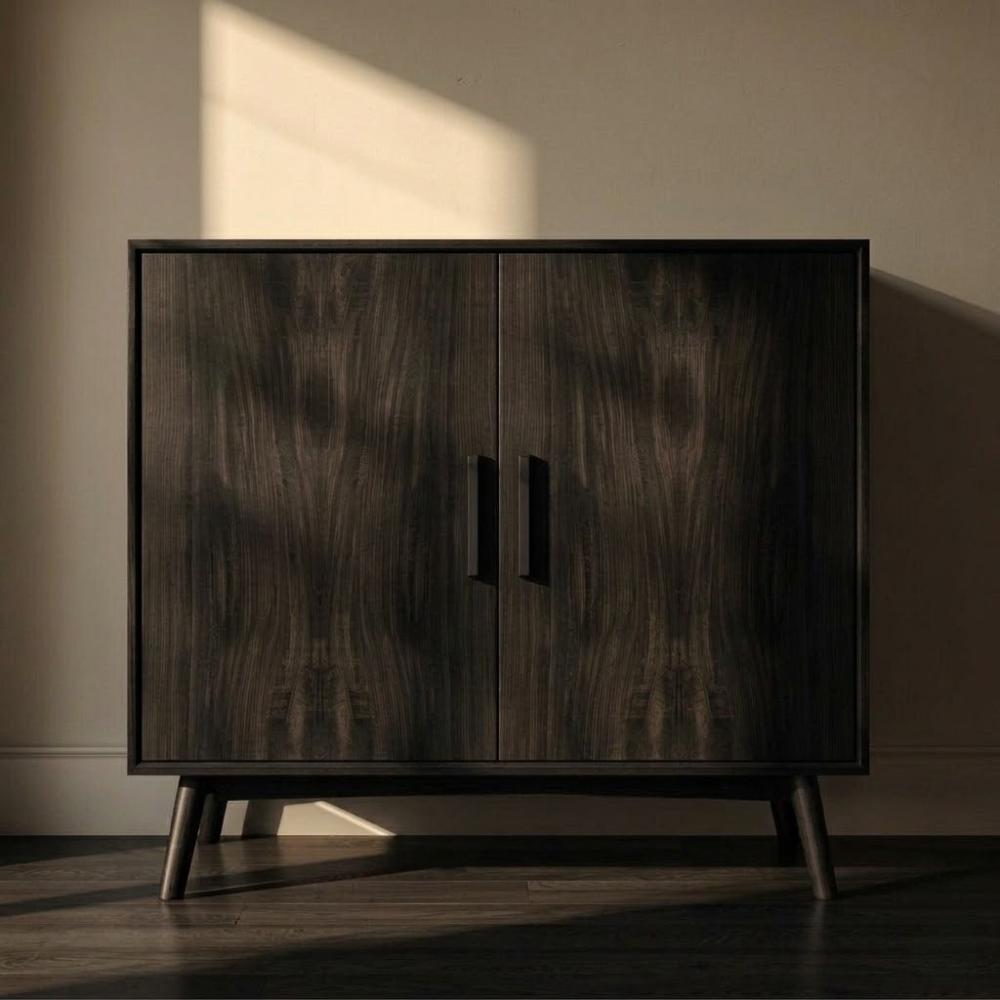 Sleek Walnut Console Cabinet -  Mid-Century Modern Design with Black Handles - view 4 of 7