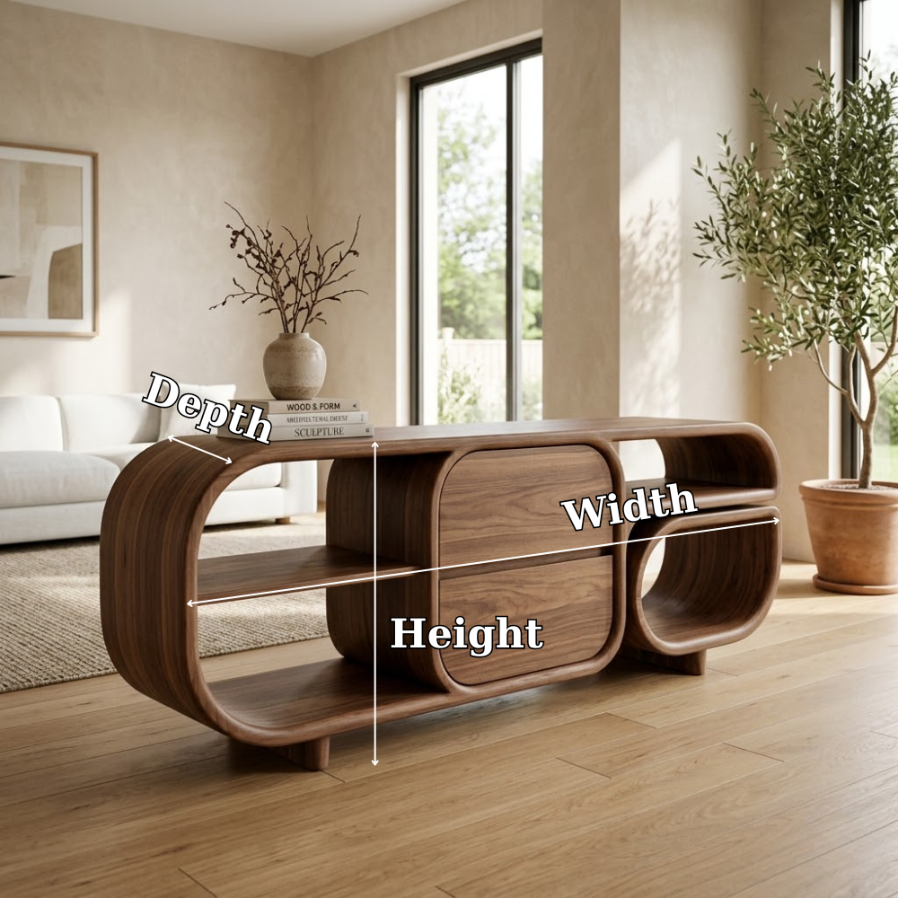 Mid-Century Modern Walnut Console Table - Curved Wood TV Stand with Open Shelving - view 7 of 7