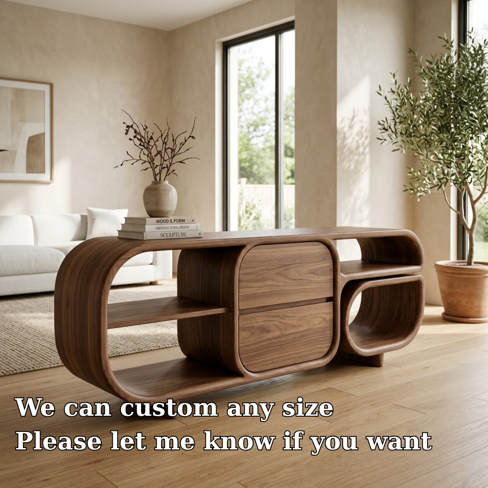 Mid-Century Modern Walnut Console Table - Curved Wood TV Stand with Open Shelving - view 5 of 7