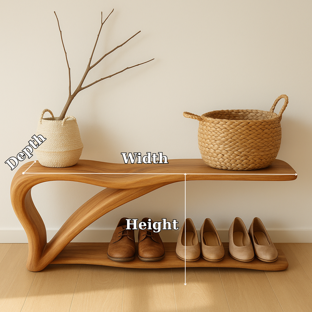 Sculptural Wooden Shoe Storage Bench – Solid Wood Entryway Bench with Shelf - view 7 of 7