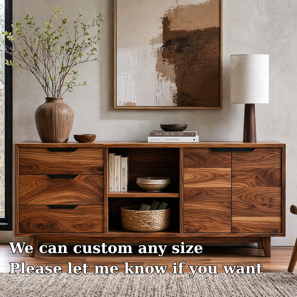 Modern Solid Wood Sideboard Cabinet with Drawers, Doors & Open Shelf Storage - view 6 of 7