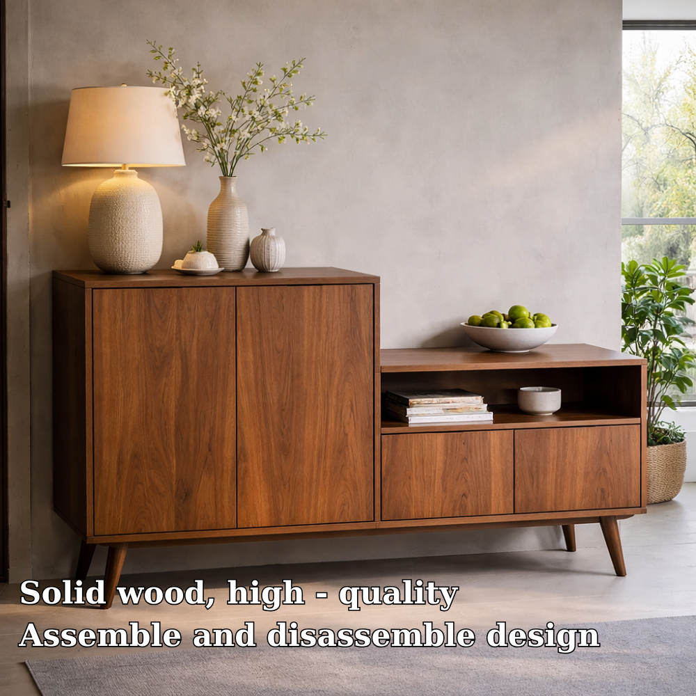 Solid Wood Console Cabinet with Open Shelf and Storage Doors – Modern Sideboard - view 5 of 7