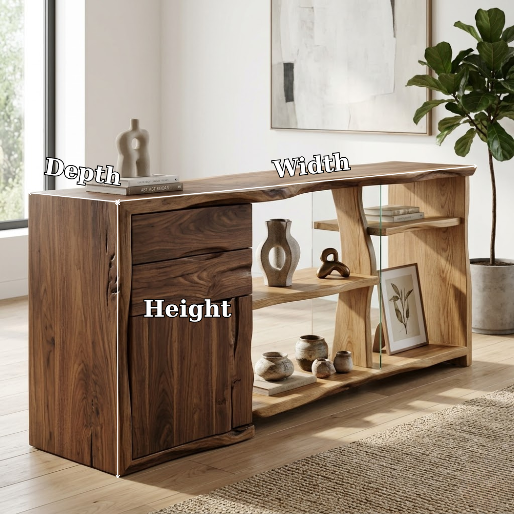 Live Edge Solid Wood Console Cabinet - Modern Rustic Sideboard with Glass Shelving - view 7 of 7