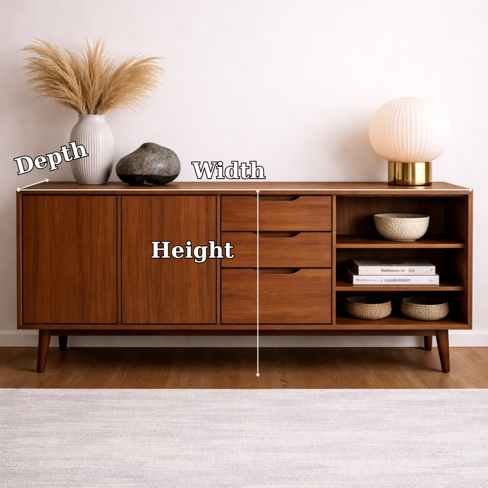 Mid-Century Solid Wood Console Cabinet with Drawers, Doors and Open Shelf - view 6 of 7