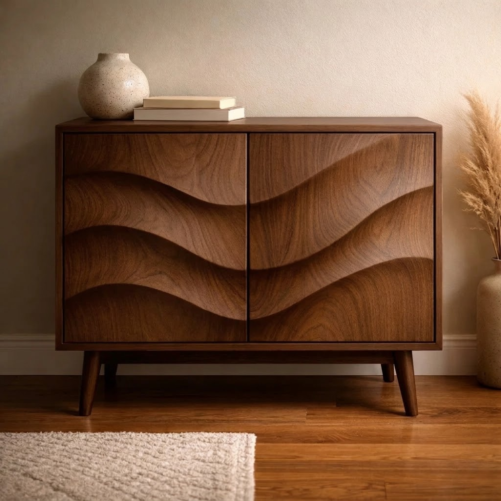 Wave-Design Solid Wood Console Cabinet - Mid-Century Modern Storage - view 3 of 7