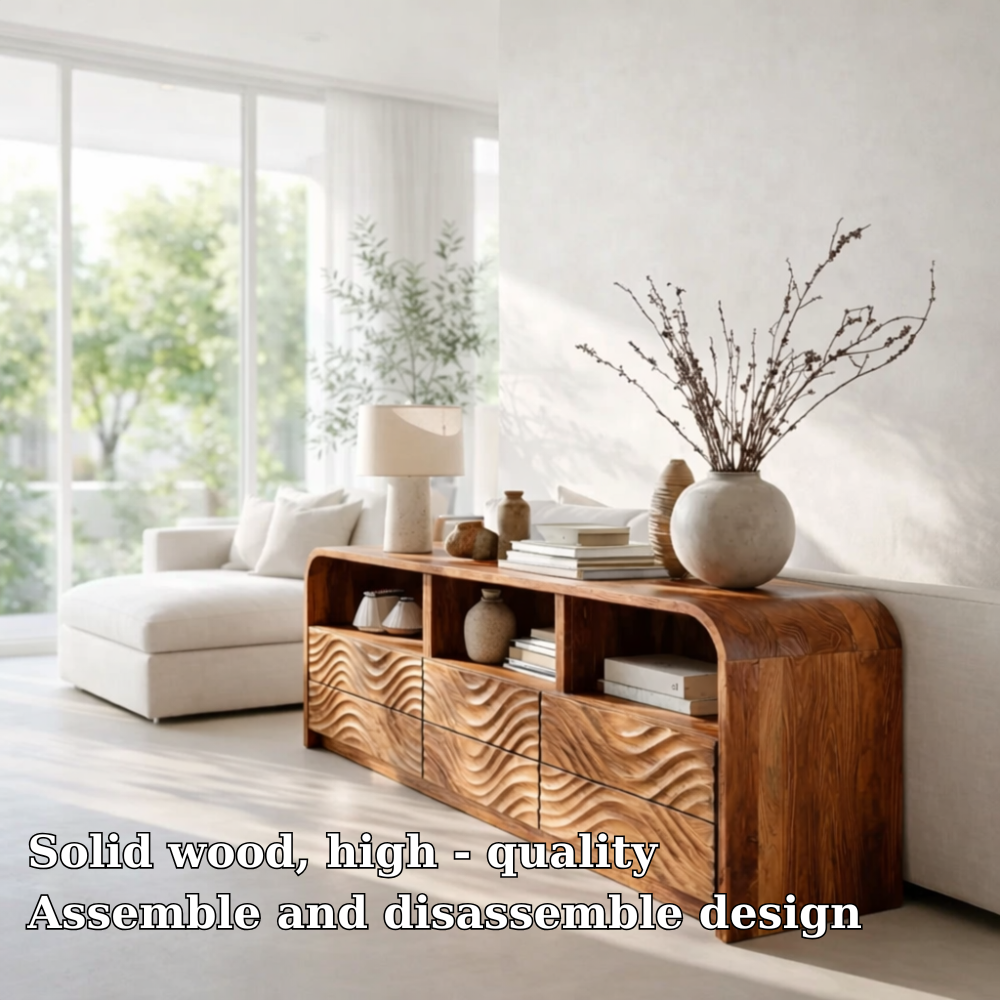 Solid Wood Sideboard Console with Wave Carved Drawers & Open Shelf Cabinet - view 5 of 7