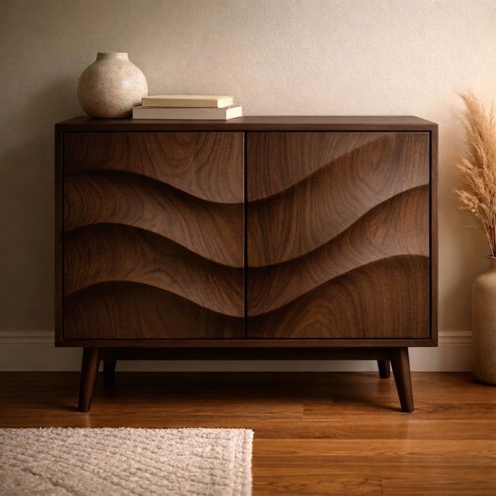 Wave-Design Solid Wood Console Cabinet - Mid-Century Modern Storage - view 2 of 7
