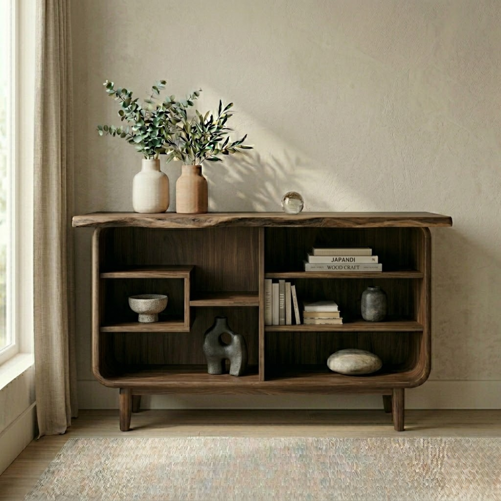 Solid Wood Console Cabinet with Open Shelves – Modern Rustic Storage Sideboard - view 2 of 7