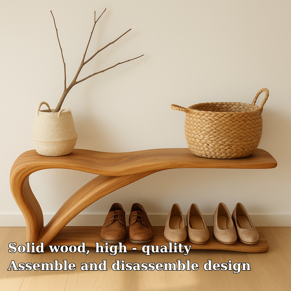 Sculptural Wooden Shoe Storage Bench – Solid Wood Entryway Bench with Shelf - view 6 of 7