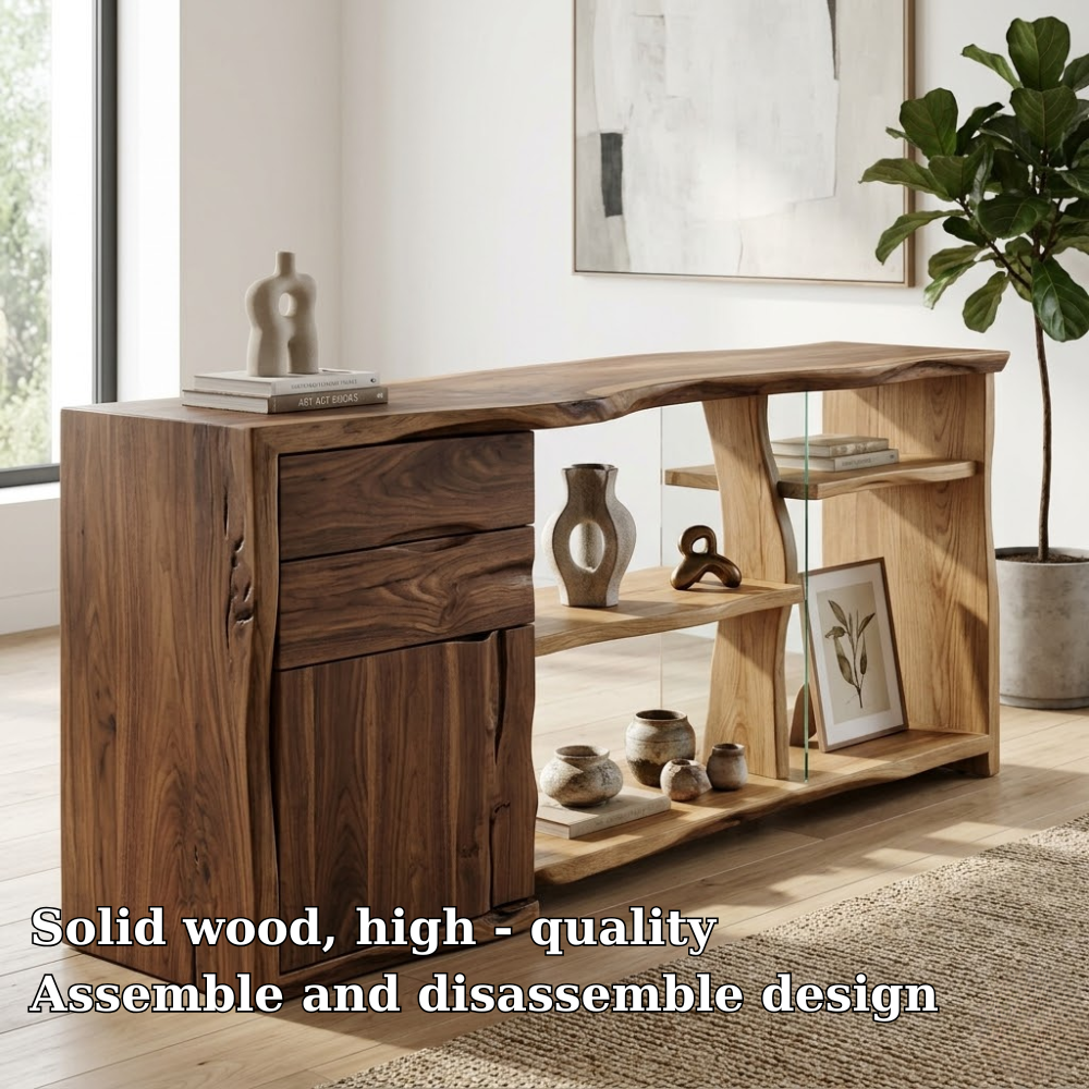 Live Edge Solid Wood Console Cabinet - Modern Rustic Sideboard with Glass Shelving - view 5 of 7