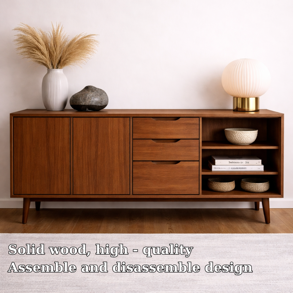 Mid-Century Solid Wood Console Cabinet with Drawers, Doors and Open Shelf - view 5 of 7