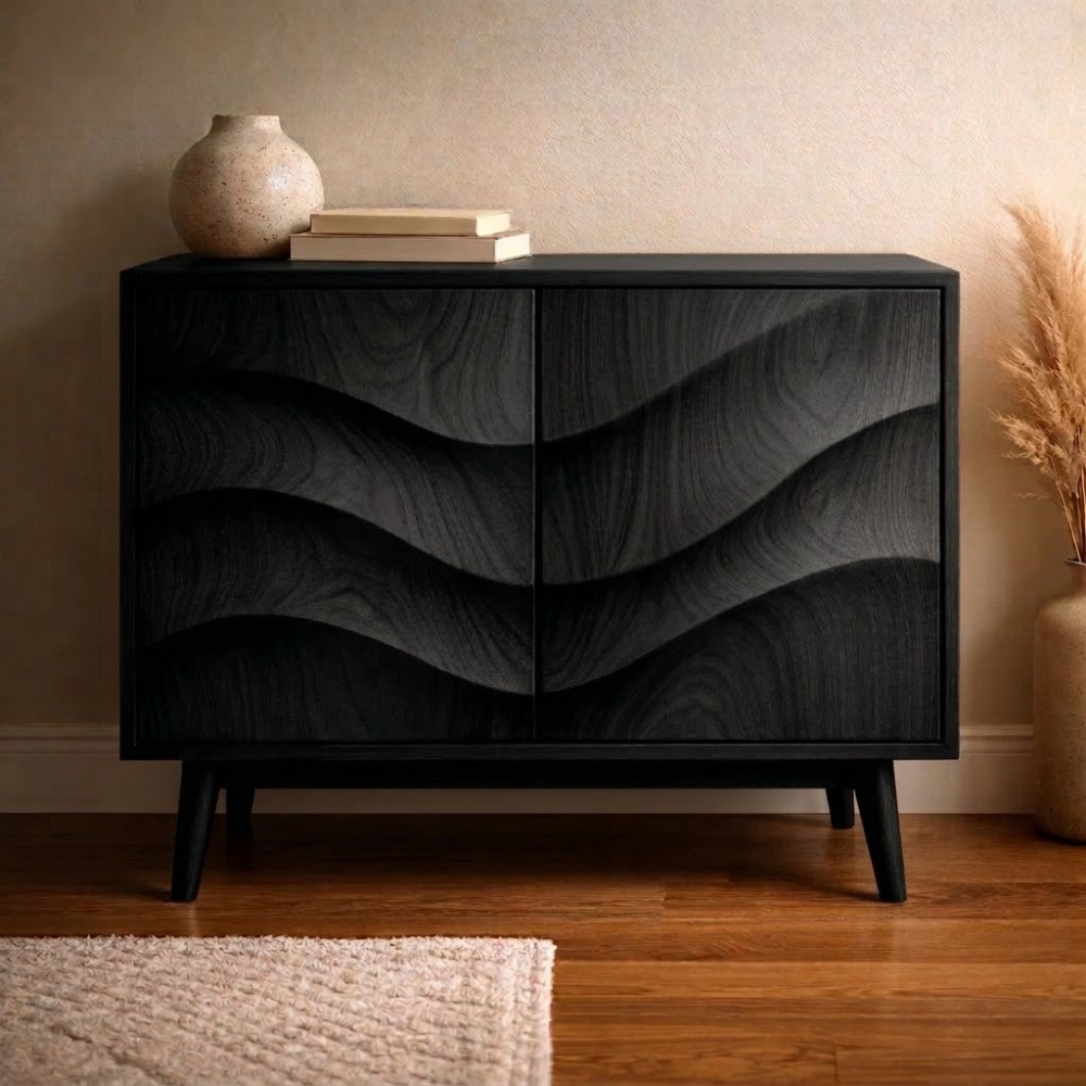 Wave-Design Solid Wood Console Cabinet - Mid-Century Modern Storage - view 4 of 7