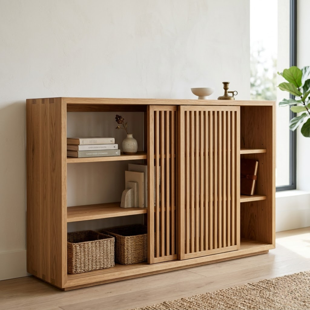 Solid Oak Console Cabinet with Sliding Slatted Doors – Modern Storage Sideboard - view 1 of 7