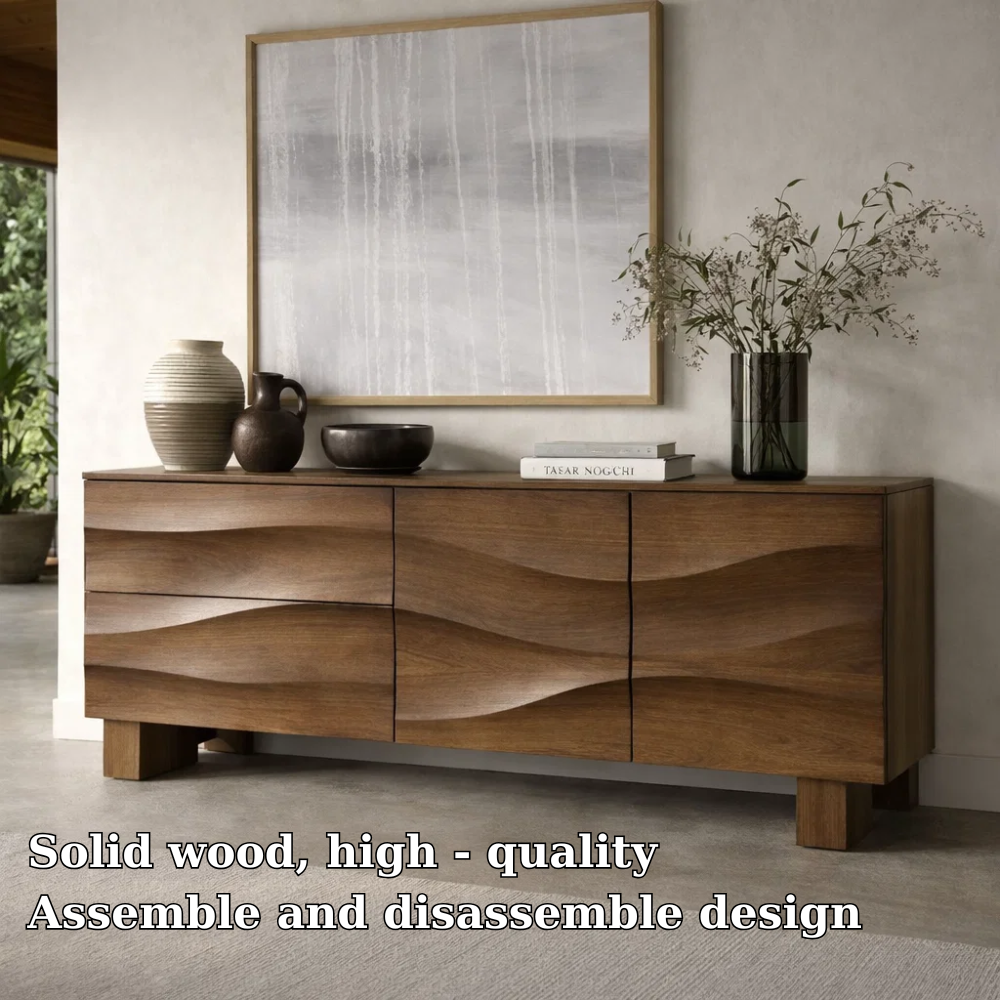 Solid Wood Wave Front Console Cabinet – Modern Sculpted Storage Sideboard - view 5 of 7