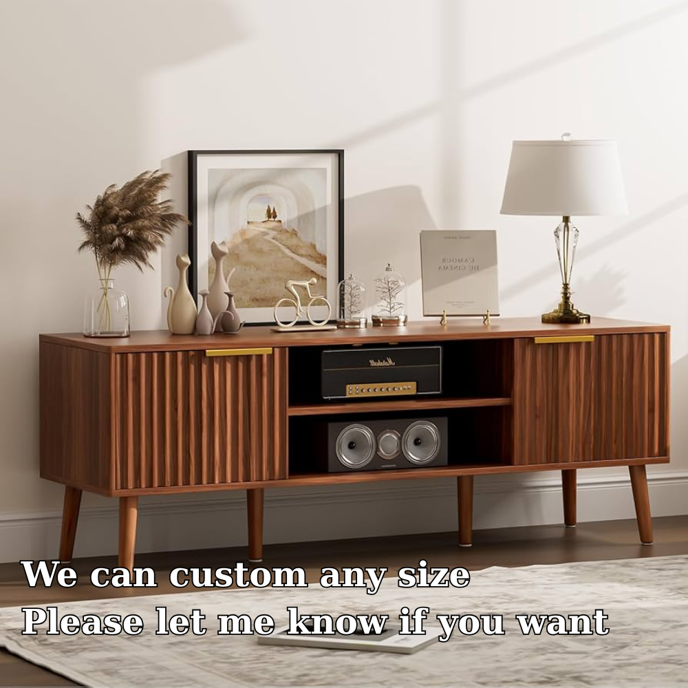 Mid Century Wood Sideboard Cabinet with Slatted Doors & Media Storage Shelf - view 6 of 7