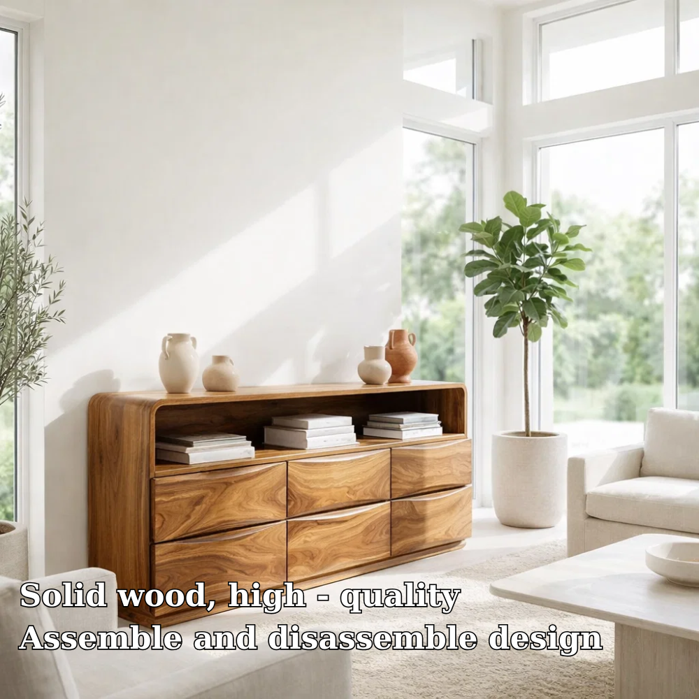 Solid Wood Sideboard Console with Wave Drawers & Open Shelf Storage Cabinet - view 5 of 7