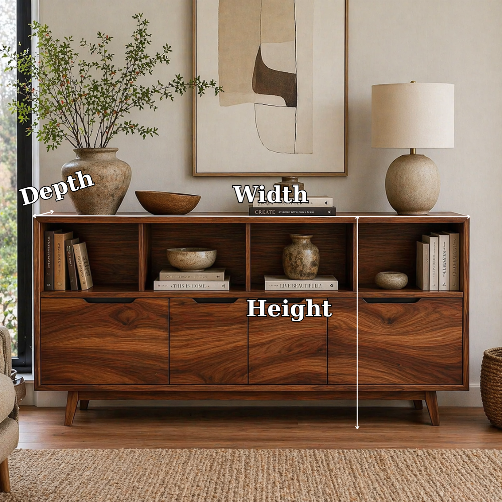 Mid Century Solid Wood Sideboard Cabinet with Drawers & Open Shelf Storage - view 6 of 7