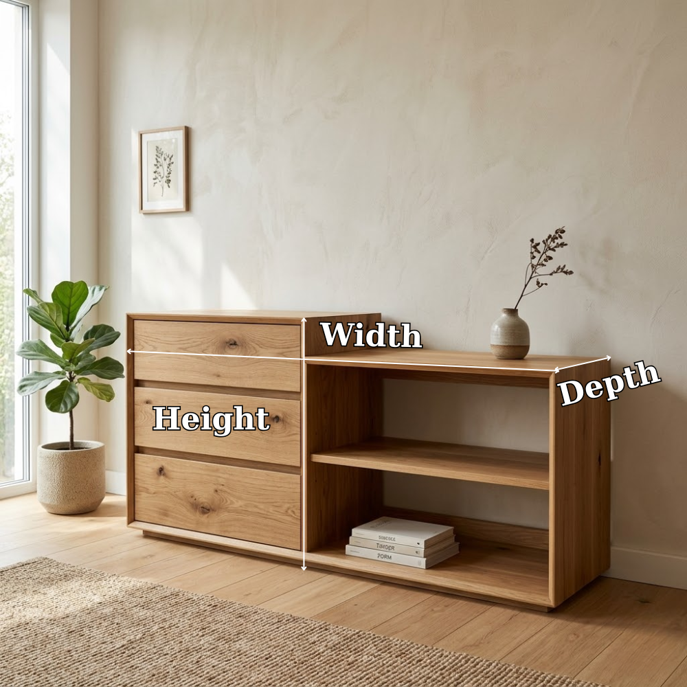 Solid Oak Console Cabinet with Drawers & Open Shelves – Modern Storage Sideboard - view 6 of 7