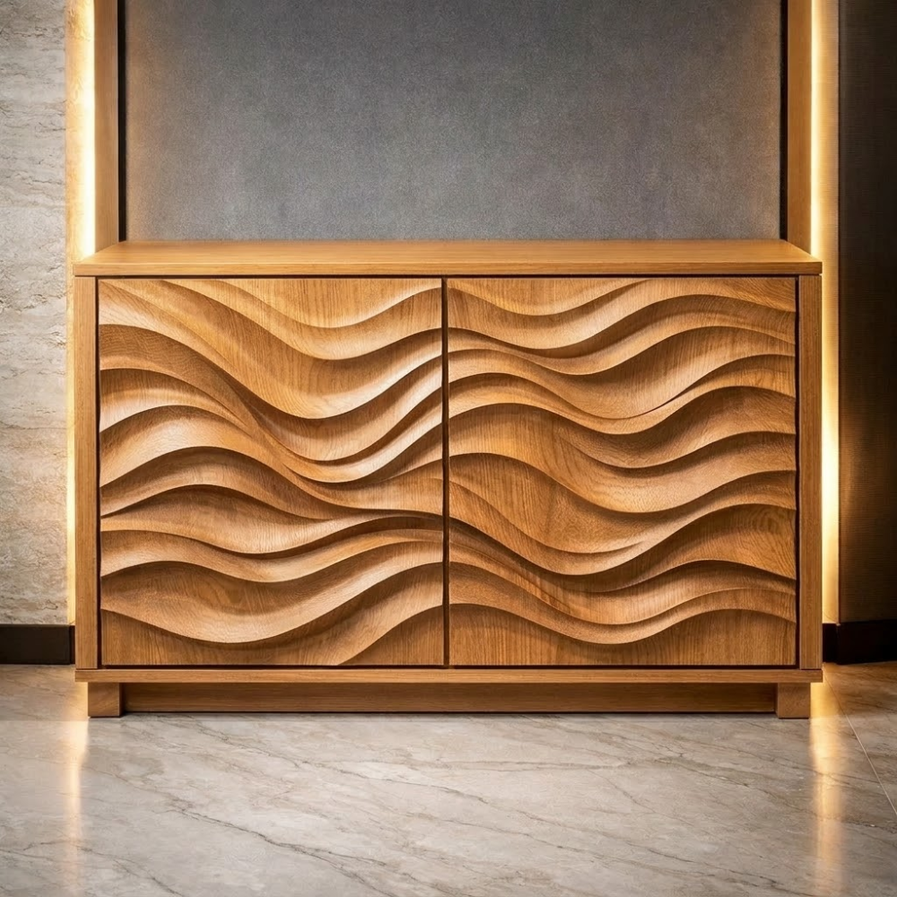 Wave-Pattern Solid Wood Console Cabinet - Modern Home Storage - view 1 of 7