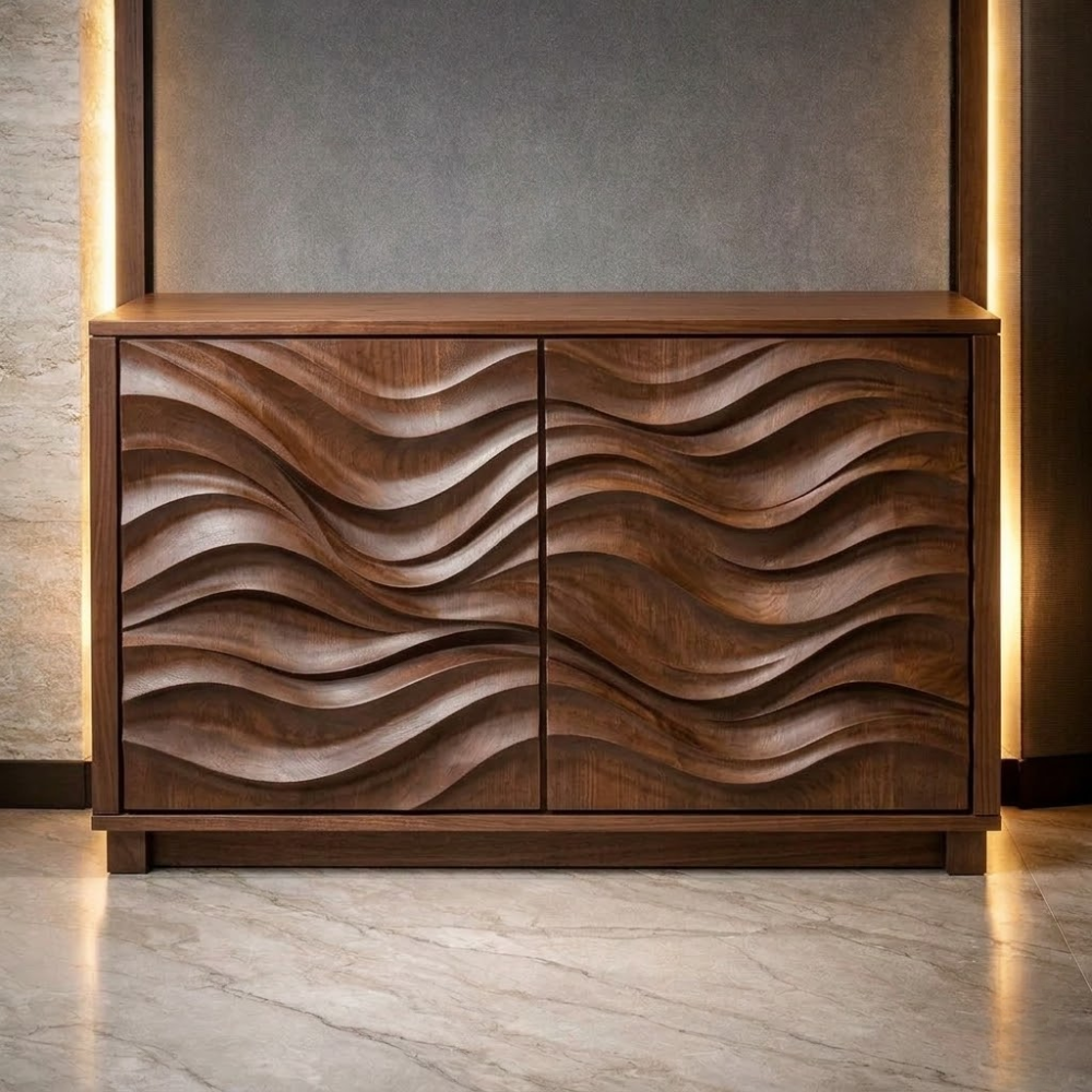 Wave-Pattern Solid Wood Console Cabinet - Modern Home Storage - view 2 of 7
