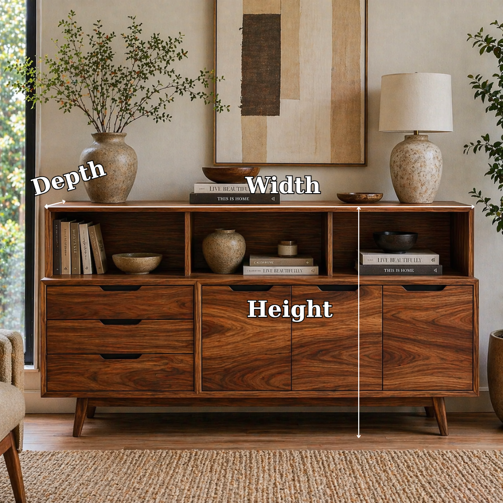 Mid Century Solid Wood Console Cabinet with Drawers & Open Shelf Storage - view 6 of 7