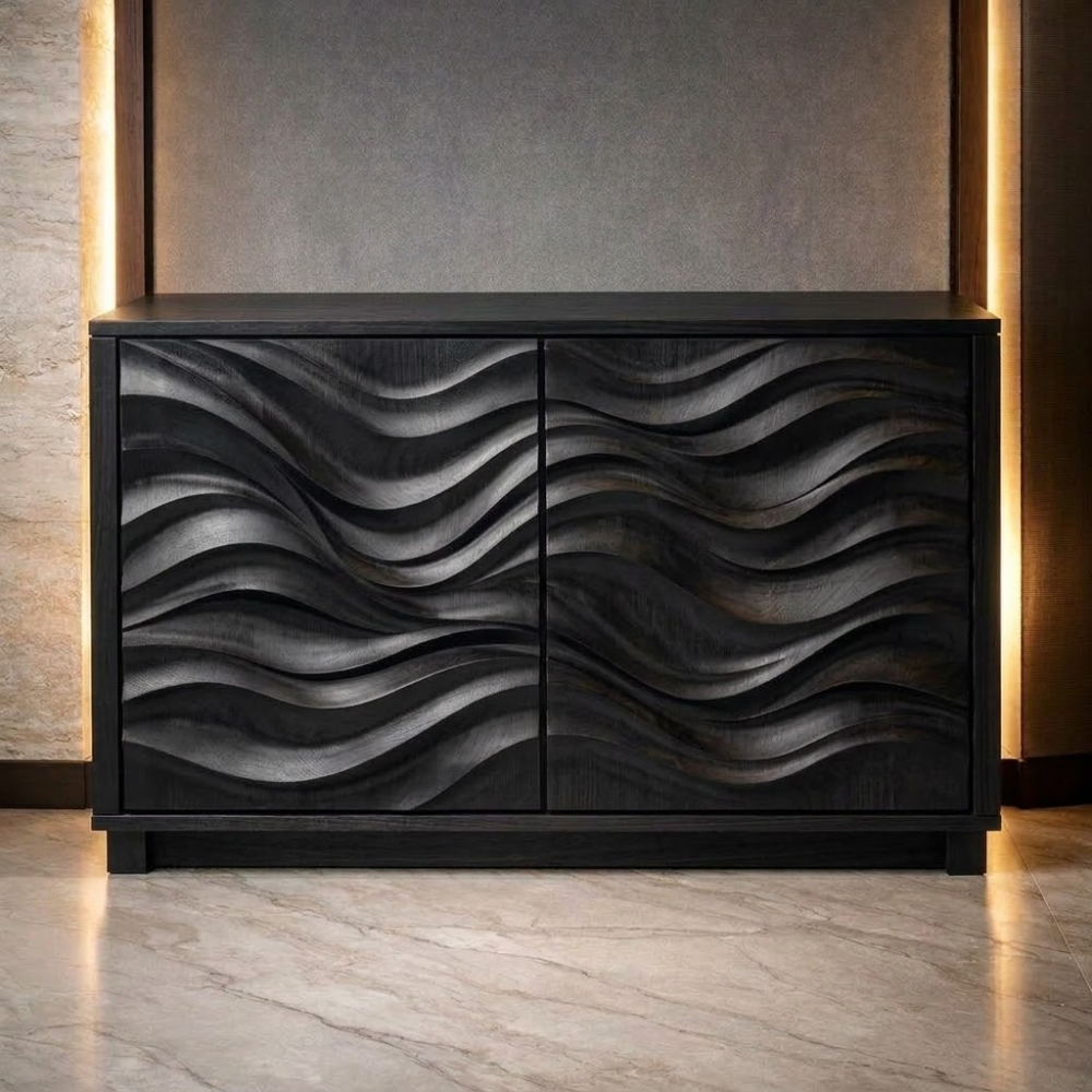Wave-Pattern Solid Wood Console Cabinet - Modern Home Storage - view 4 of 7