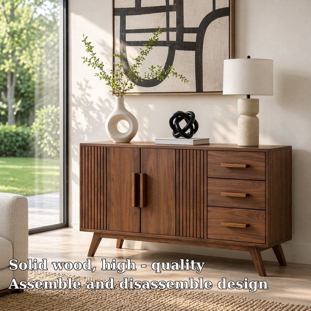Solid Wood Console Sideboard with Slatted Design – Modern Walnut Storage Cabinet - view 5 of 7
