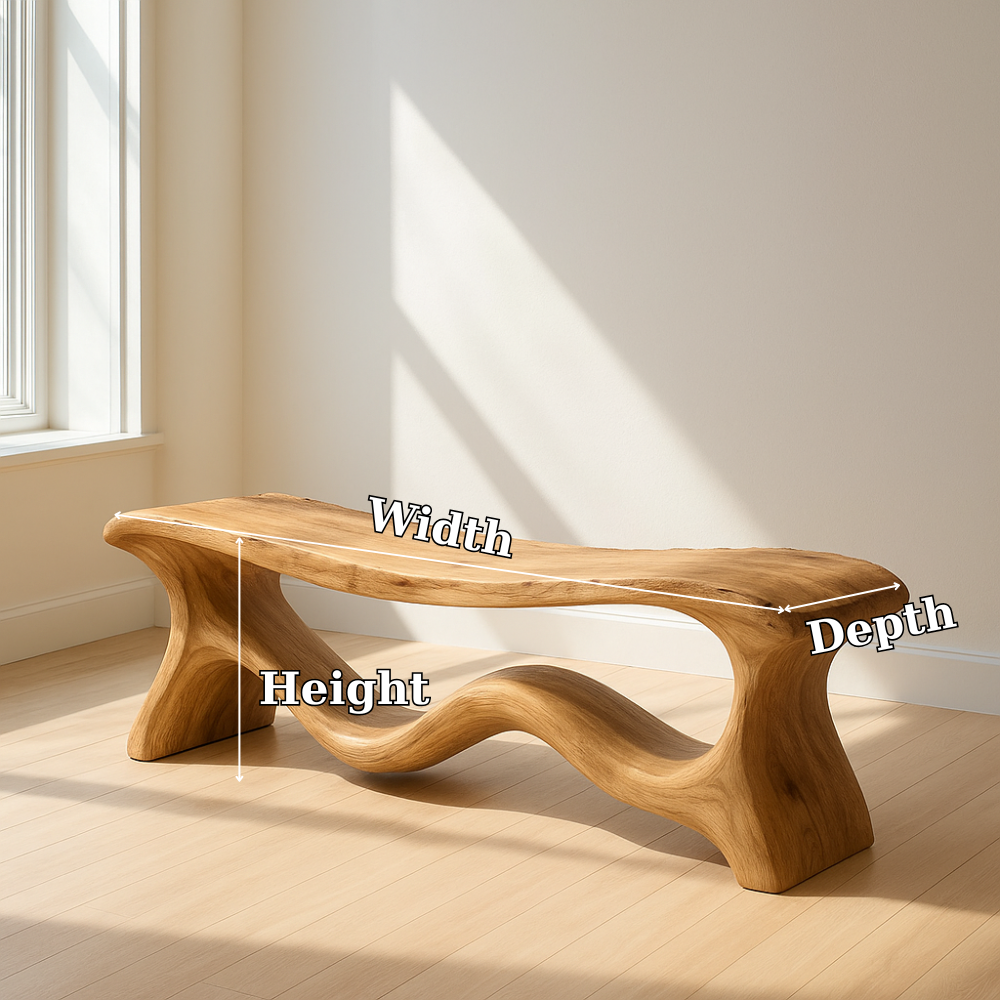 Modern Solid Wood Bench with Artistic Wave Base – Minimalist Wooden Bench - view 7 of 7