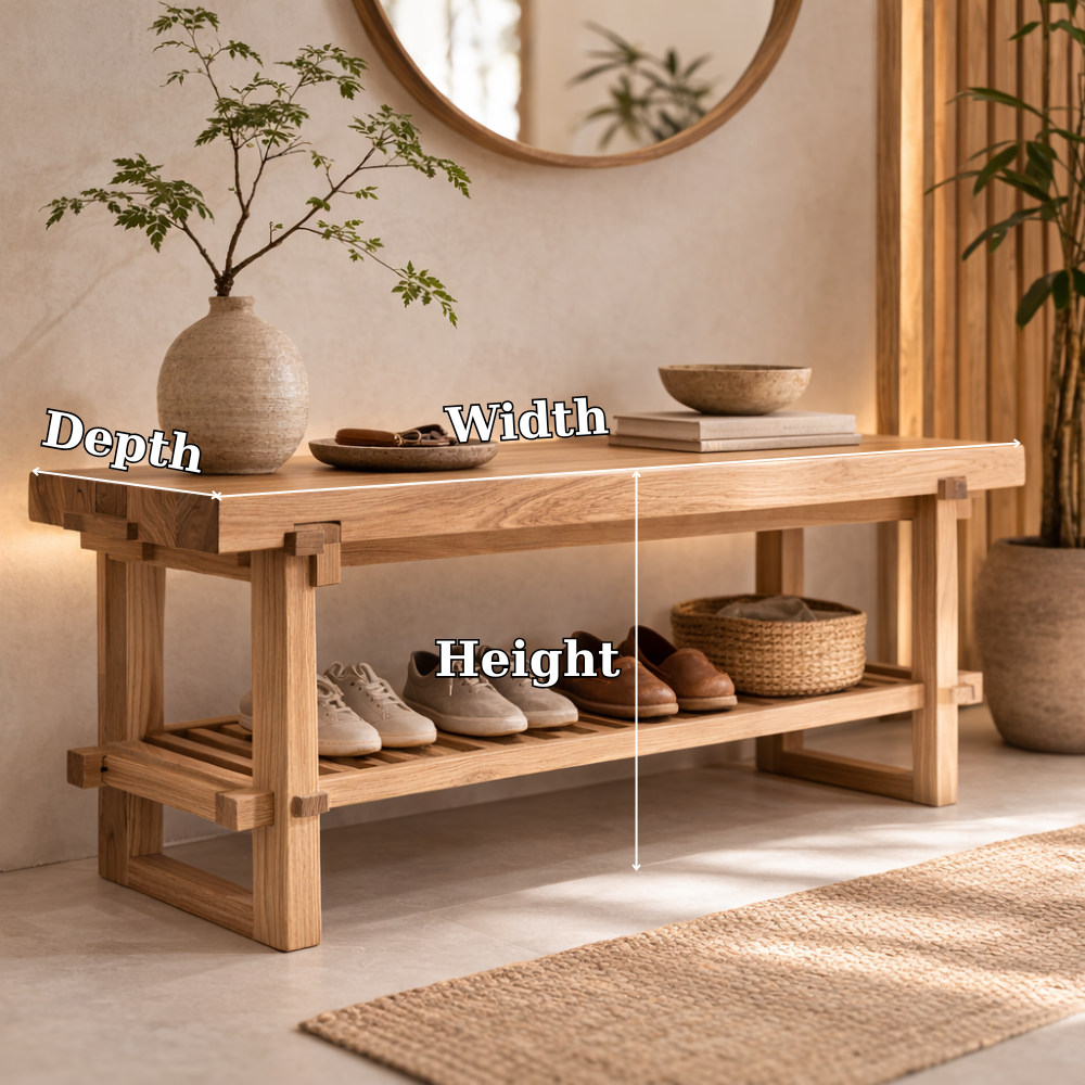Solid Oak Entryway Bench with Storage Shelf | Modern Hallway Seating - view 7 of 7