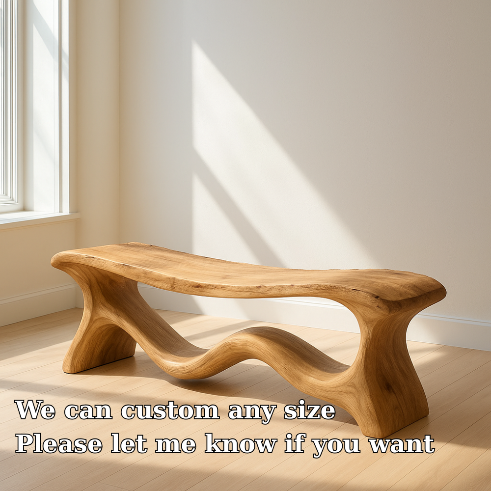 Modern Solid Wood Bench with Artistic Wave Base – Minimalist Wooden Bench - view 5 of 7