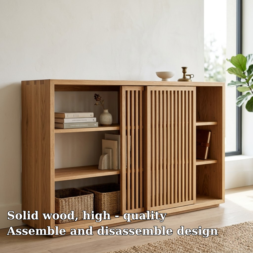 Solid Oak Console Cabinet with Sliding Slatted Doors – Modern Storage Sideboard - view 5 of 7