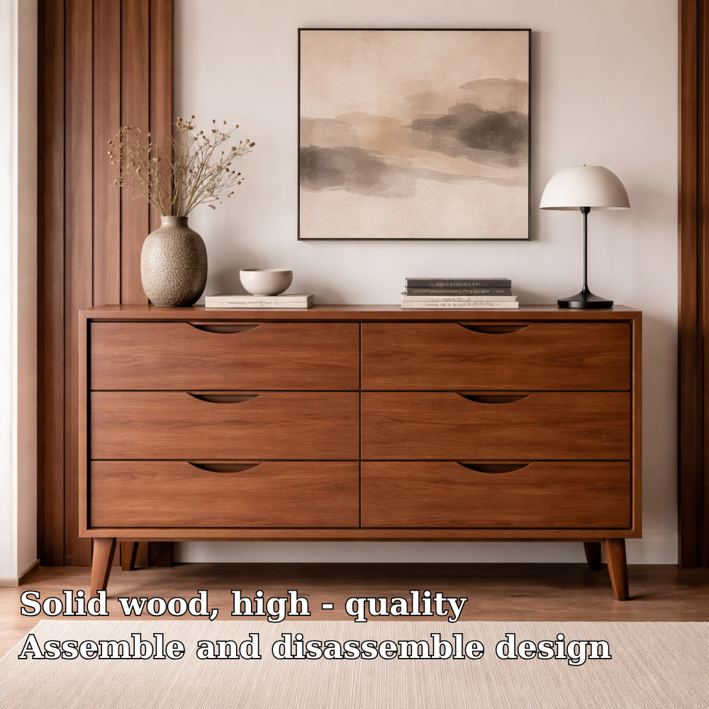 Solid Wood Console Cabinet with 6 Drawers – Modern Mid-Century Storage Sideboard - view 6 of 7