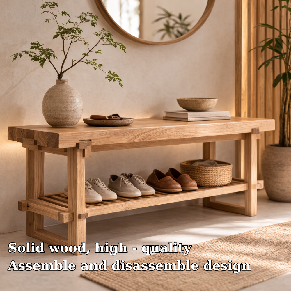 Solid Oak Entryway Bench with Storage Shelf | Modern Hallway Seating - view 5 of 7