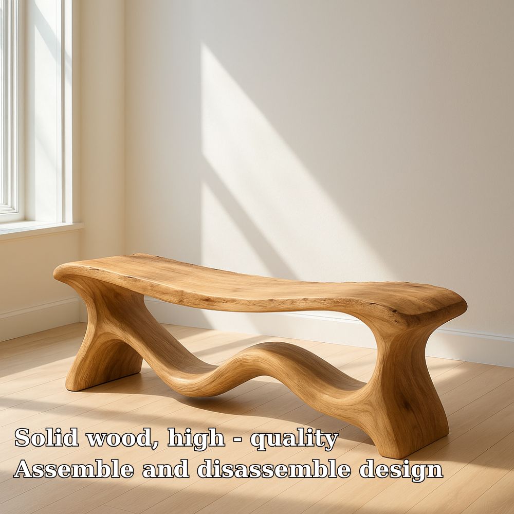 Modern Solid Wood Bench with Artistic Wave Base – Minimalist Wooden Bench - view 6 of 7