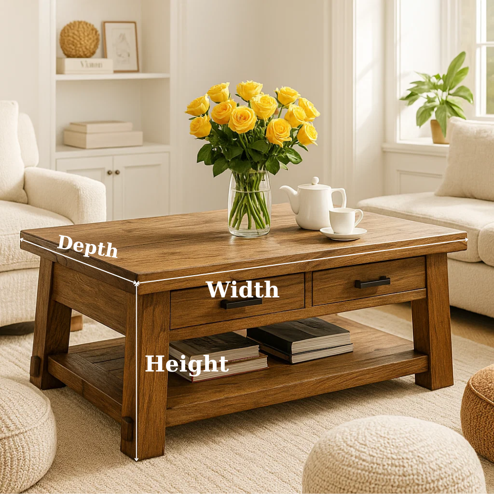 Solid Wood Coffee Table with Drawers and Storage Shelf Rustic Living Room Table - view 7 of 7