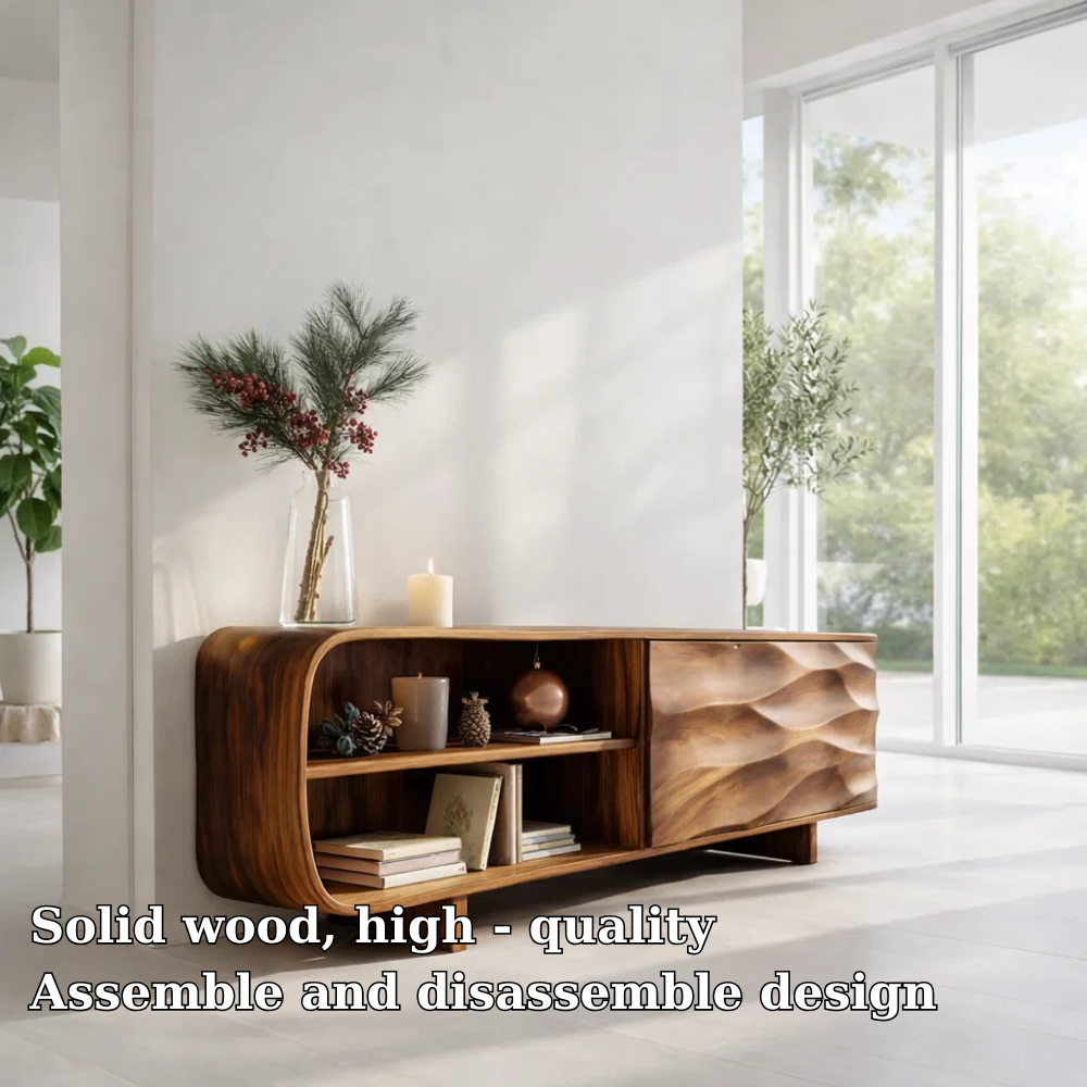 Solid Wood Sideboard Console with Wave Carved Door & Open Shelf Storage - view 5 of 7