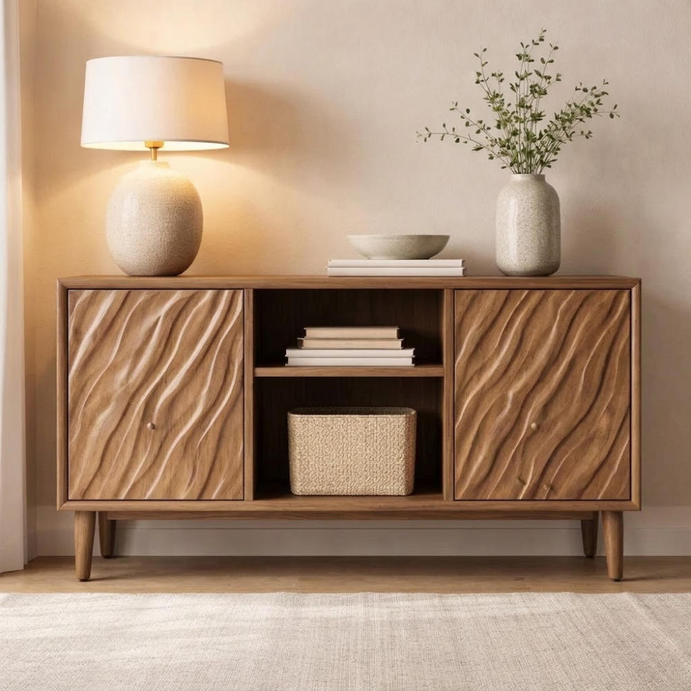 Solid Wood Console Cabinet with Wave Carved Doors & Open Shelf Storage - view 3 of 7
