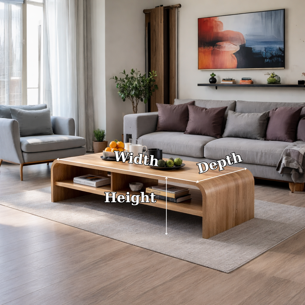 Solid Wood Waterfall Coffee Table with Open Shelf – Modern Minimalist Living Room Table - view 7 of 7