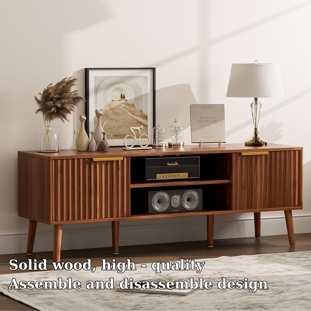 Mid Century Wood Sideboard Cabinet with Slatted Doors & Media Storage Shelf - view 5 of 7